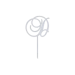 Elegant D monogram cake topper with swirl script design, laser-cut for precision. Crafted in aluminum with a natural aluminum finish, measuring 6.5 inches wide by 11.5 inches high.